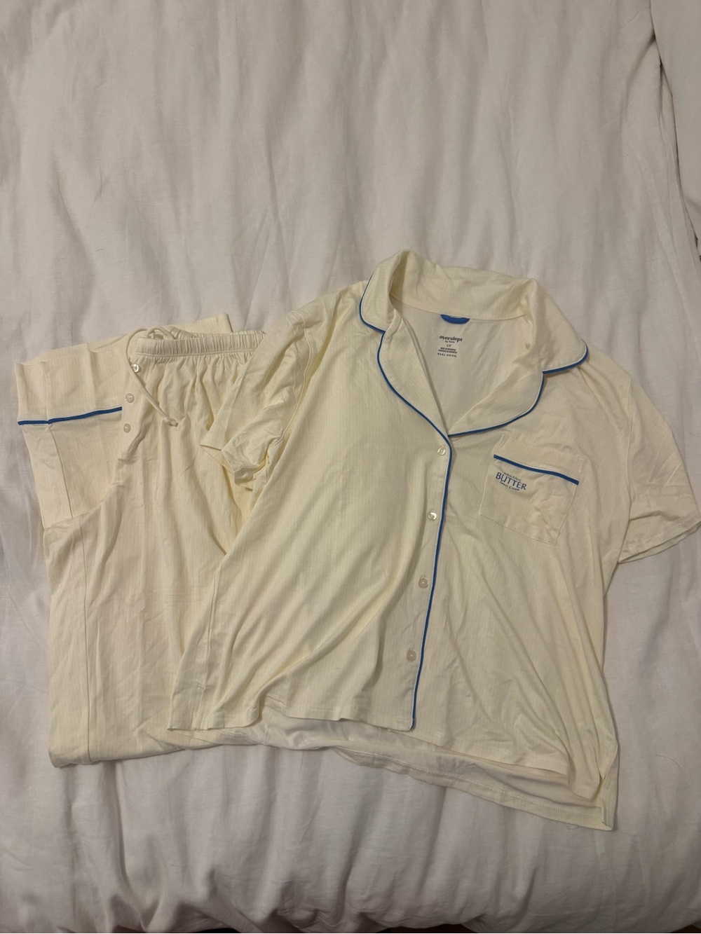 aerie Cream Short-Sleeve Pajama Set with Blue Piping
